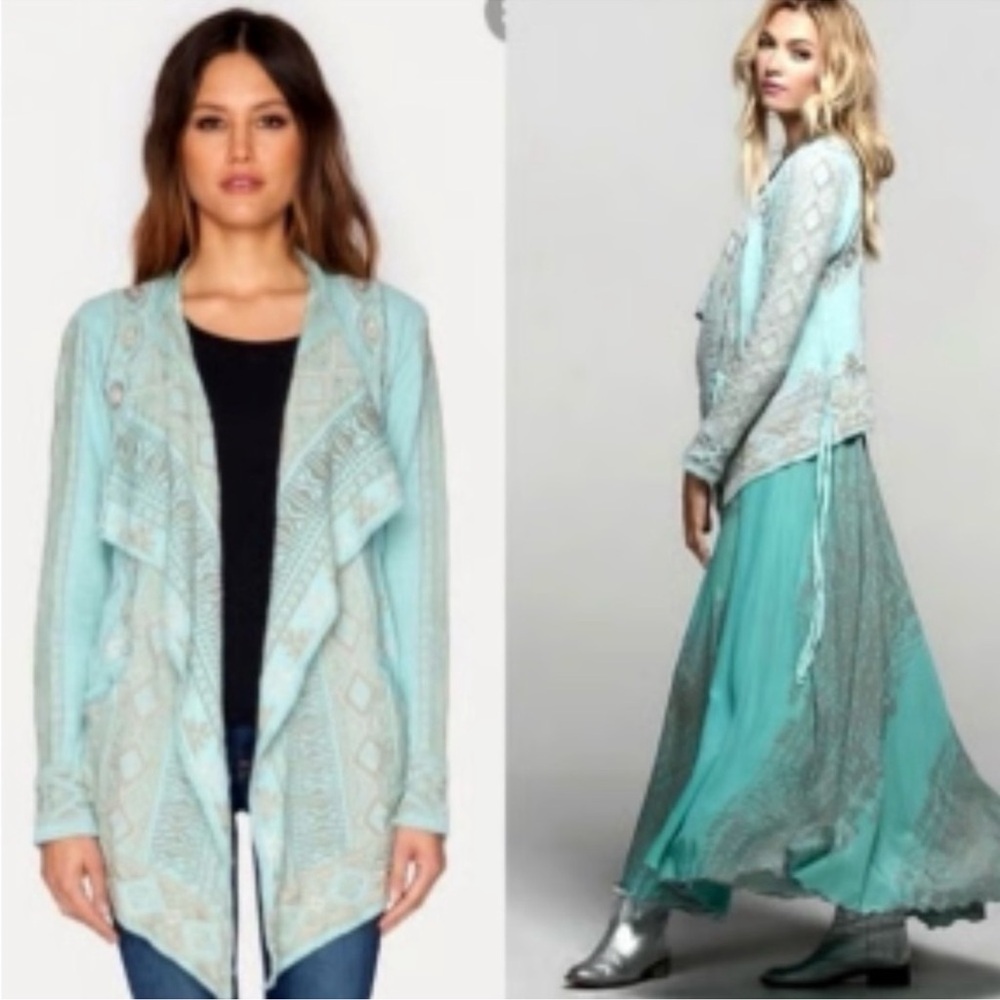 Johnny Was BIYA Embroidered Turquoise Open Front Cardigan Jacket Pockets Belt M - Picture 2 of 9